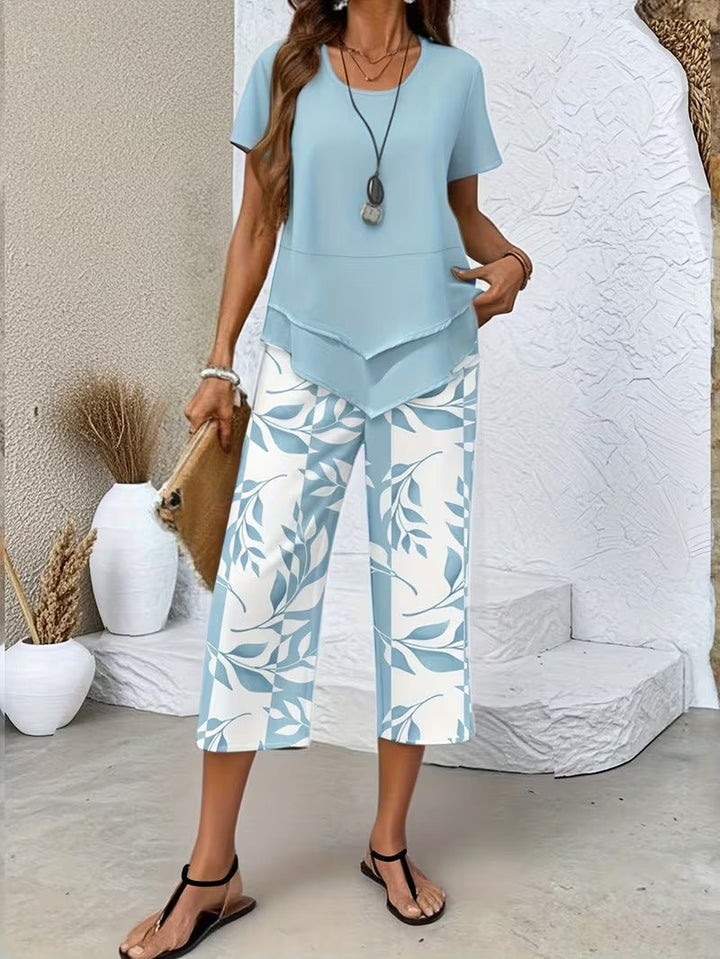Casual Leaf Print Two Piece Set