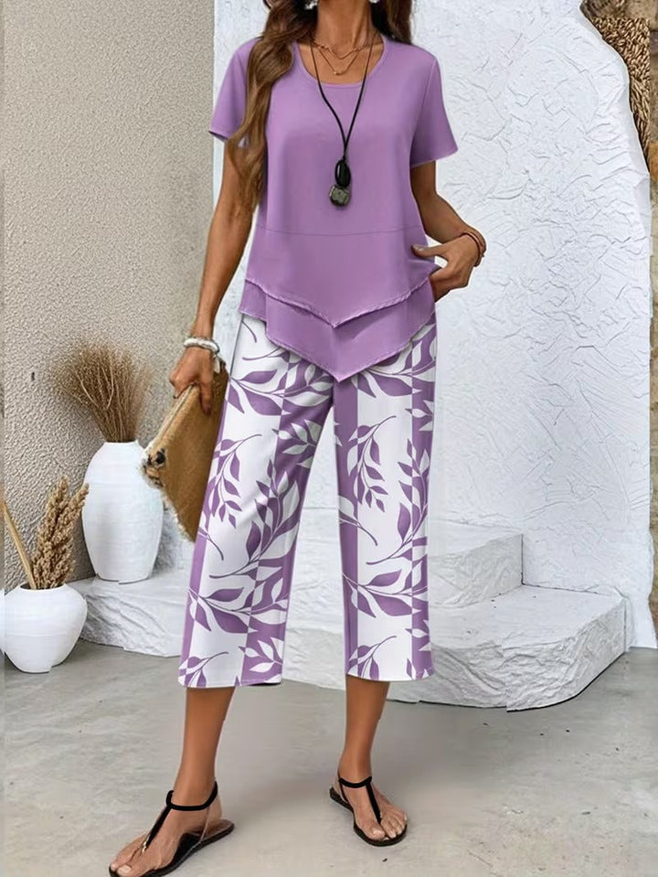 Casual Leaf Print Two Piece Set