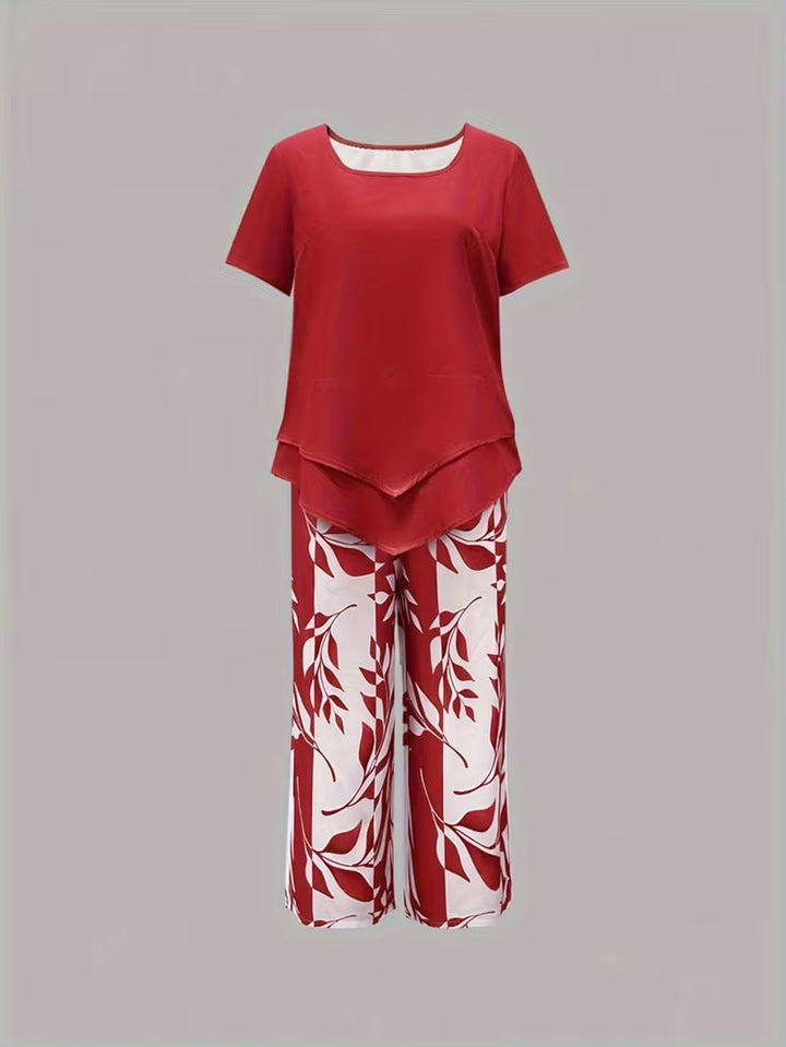Casual Leaf Print Two Piece Set