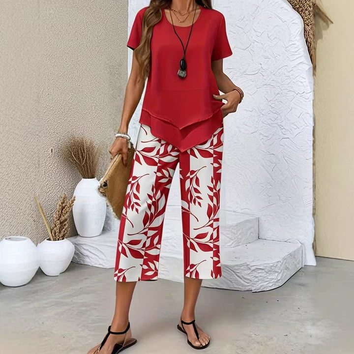 Mollie - Asymmetrical Layered Casual Two-Piece Set with Printed Trousers